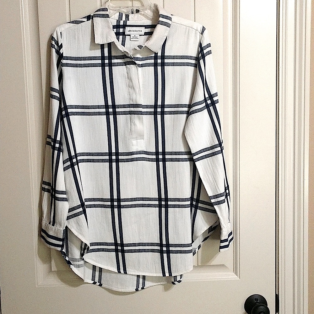 Liz Claiborne White & Blue Plaid Long Sleeve & Length Shirt w/ Buttons at Top